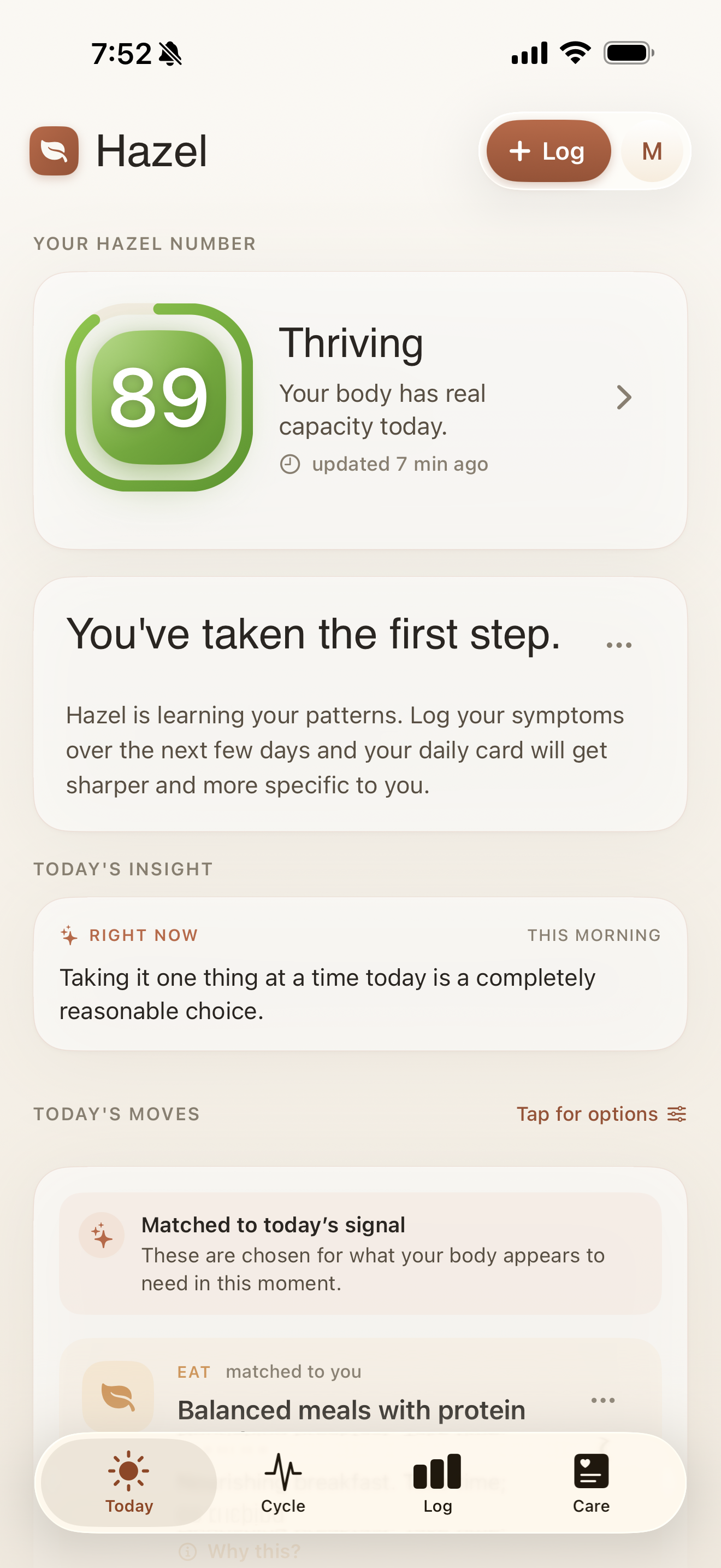 Hazel Health Today tab — Hazel Number 89, Thriving