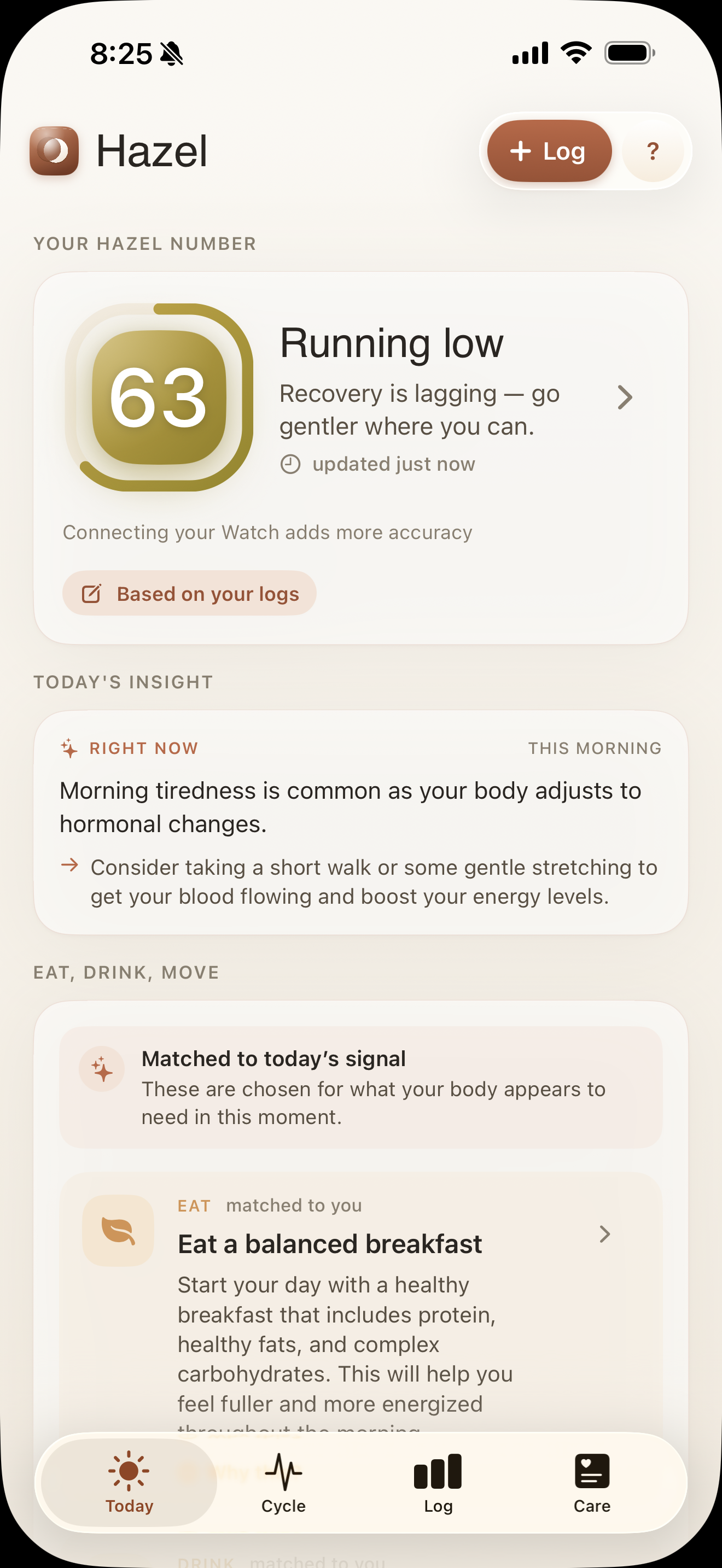 Hazel Health Today tab — Hazel Number 63, Running low